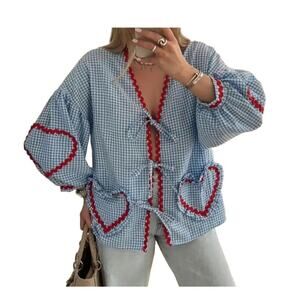 MANGMAO Shirt Women Size M Front Tie Gingham Heart Peplum Puff Sleeve 3/4 Length